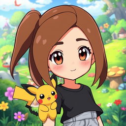 A Pokemon style animated 11-year-old girl with long brown hair parted slightly off-center, brown eyes, and pale skin with a beauty mark above her lip