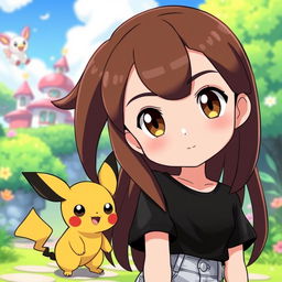 A Pokemon style animated 11-year-old girl with long brown hair parted slightly off-center, brown eyes, and pale skin with a beauty mark above her lip