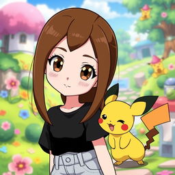 A Pokemon style animated 11-year-old girl with long brown hair parted slightly off-center, brown eyes, and pale skin with a beauty mark above her lip