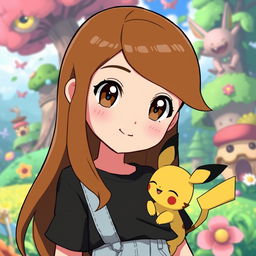 A Pokemon style animated 11-year-old girl with long brown hair parted slightly off-center, brown eyes, and pale skin with a beauty mark above her lip