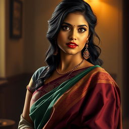 A realistic and captivating portrait of an attractive Indian woman wearing a traditional saree