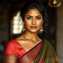 A realistic and captivating portrait of an attractive Indian woman wearing a traditional saree