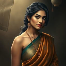 A realistic and captivating portrait of an attractive Indian woman wearing a traditional saree