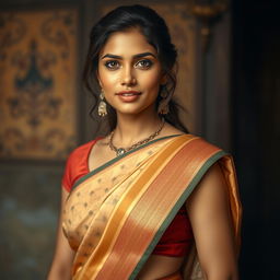 A realistic and captivating portrait of an attractive Indian woman wearing a traditional saree