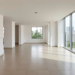 An empty modern apartment interior with large windows, smooth tiled flooring, and bright lighting