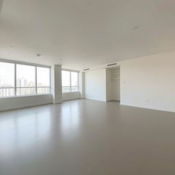 An empty modern apartment interior with large windows, smooth tiled flooring, and bright lighting