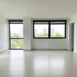 An empty modern apartment interior with large windows, smooth tiled flooring, and bright lighting