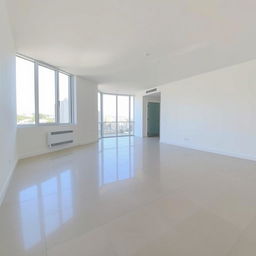 An empty modern apartment interior with large windows, smooth tiled flooring, and bright lighting