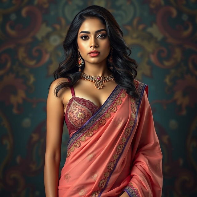 A sensual and stylish depiction of an attractive Indian woman wearing a sexy bra and a beautifully adorned saree, showcasing her confidence and charm