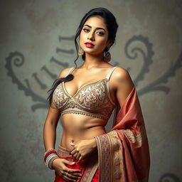 A sensual and stylish depiction of an attractive Indian woman wearing a sexy bra and a beautifully adorned saree, showcasing her confidence and charm