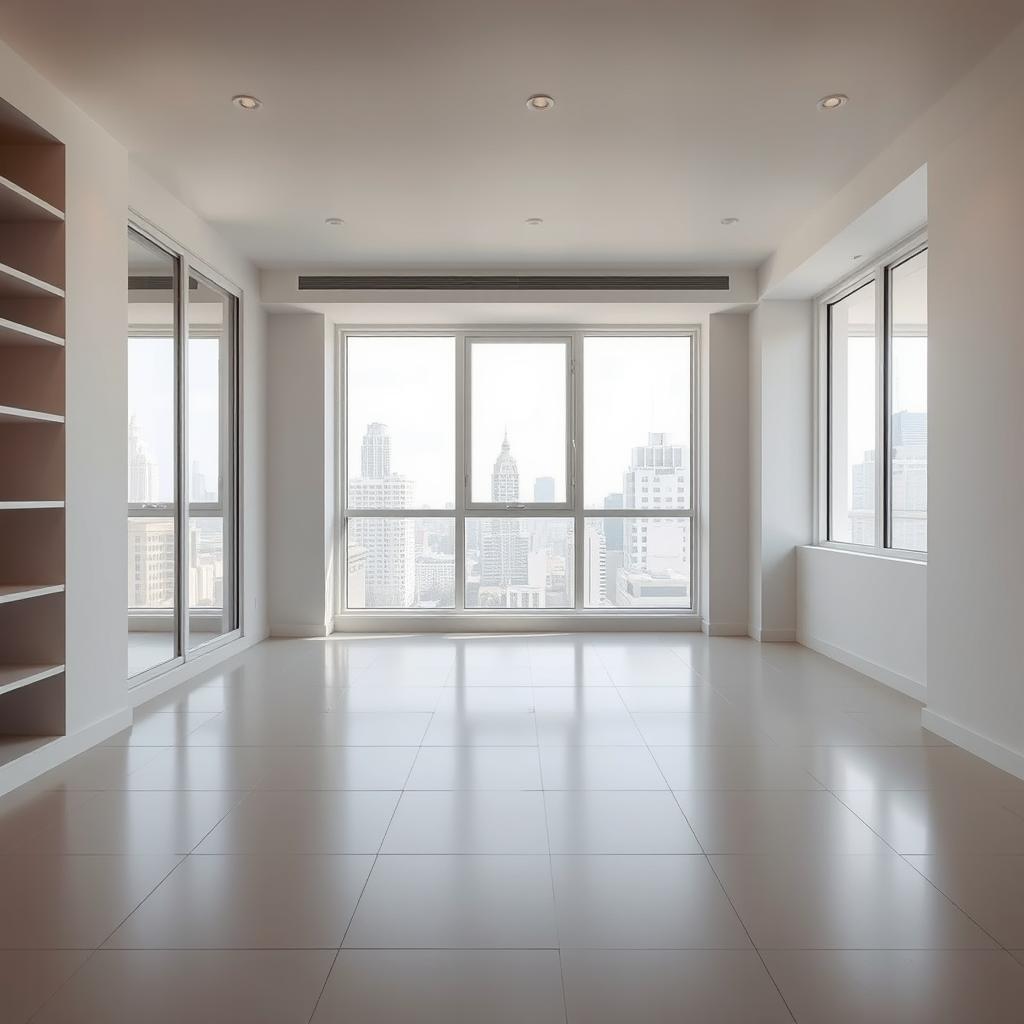 An empty apartment interior based on the provided photo, featuring large windows and smooth tiled flooring