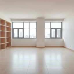 An empty apartment interior based on the provided photo, featuring large windows and smooth tiled flooring