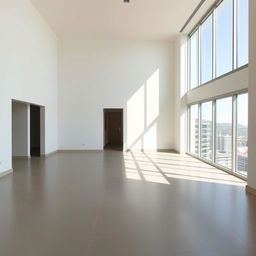 An empty apartment interior based on the provided photo, featuring large windows and smooth tiled flooring