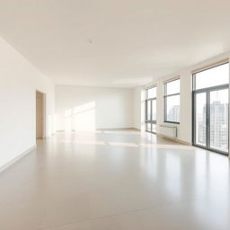 An empty apartment interior based on the provided photo, featuring large windows and smooth tiled flooring