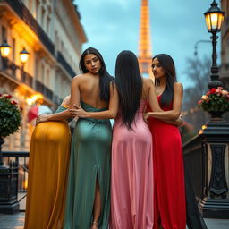 In the romantic ambiance of Paris, four very beautiful busty tanned young Australian supermodels exude allure and closeness as they stand arm in arm, embracing each other in a tight hug