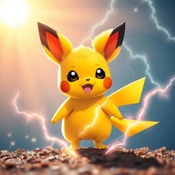 A cheerful Pichu standing in the sunlight, its small body surrounded by vibrant thunderbolts