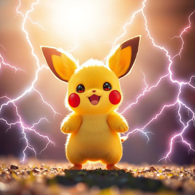 A cheerful Pichu standing in the sunlight, its small body surrounded by vibrant thunderbolts