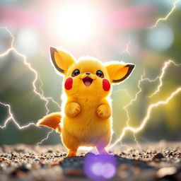 A cheerful Pichu standing in the sunlight, its small body surrounded by vibrant thunderbolts