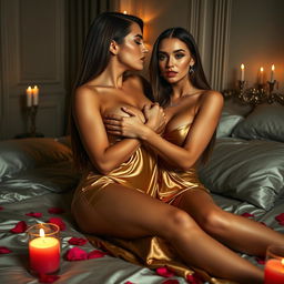 In a dimly lit, luxurious Parisian bedroom, two very glamorous busty tanned young women are enveloped in a scene of intense sexual passion and romance