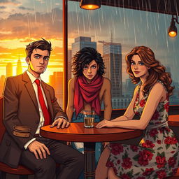 A dramatic love triangle in a bustling city setting featuring three main characters: a charming and confident businessman wearing a tailored suit with a red tie, a talented, passionate artist with paint-splattered jeans and a vibrant scarf, and a sophisticated, elegant woman in a vintage floral dress with a subtle smile