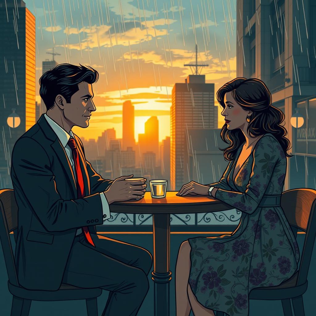 A dramatic love triangle in a bustling city setting featuring three main characters: a charming and confident businessman wearing a tailored suit with a red tie, a talented, passionate artist with paint-splattered jeans and a vibrant scarf, and a sophisticated, elegant woman in a vintage floral dress with a subtle smile