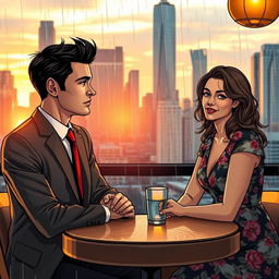 A dramatic love triangle in a bustling city setting featuring three main characters: a charming and confident businessman wearing a tailored suit with a red tie, a talented, passionate artist with paint-splattered jeans and a vibrant scarf, and a sophisticated, elegant woman in a vintage floral dress with a subtle smile