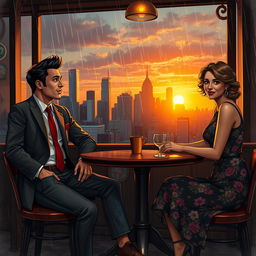 A dramatic love triangle in a bustling city setting featuring three main characters: a charming and confident businessman wearing a tailored suit with a red tie, a talented, passionate artist with paint-splattered jeans and a vibrant scarf, and a sophisticated, elegant woman in a vintage floral dress with a subtle smile