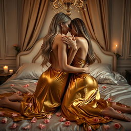 In a dimly lit, luxurious Parisian bedroom, two very glamorous busty tanned young women are engaged in a scene of passionate romance