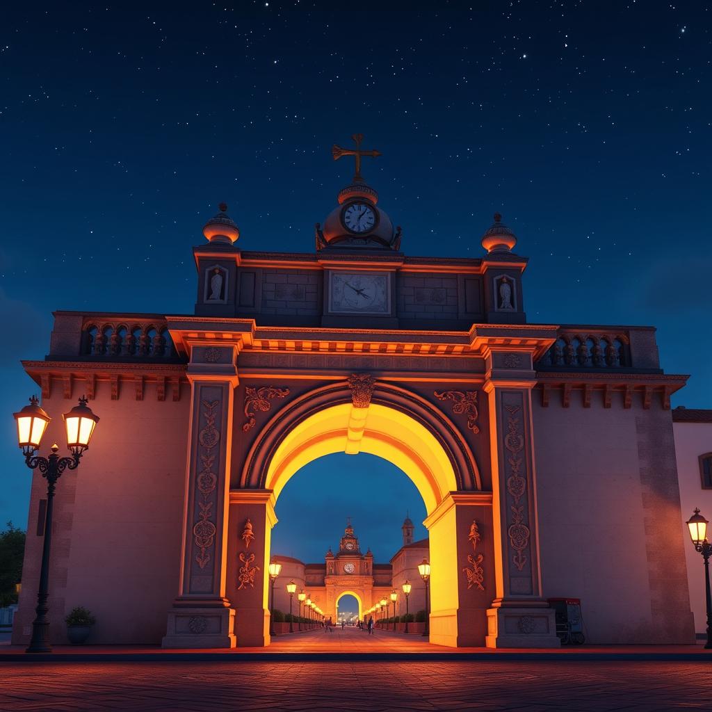 A 3D animated scene of the Arco de Santa Catarina at night, inspired by Disney style