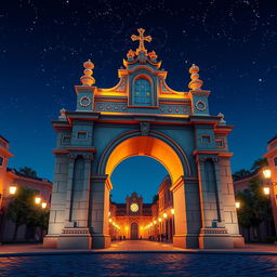 A 3D animated scene of the Arco de Santa Catarina at night, inspired by Disney style