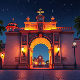 A 3D animated scene of the Arco de Santa Catarina at night, inspired by Disney style