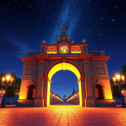 A 3D animated scene of the Arco de Santa Catarina at night, inspired by Disney style