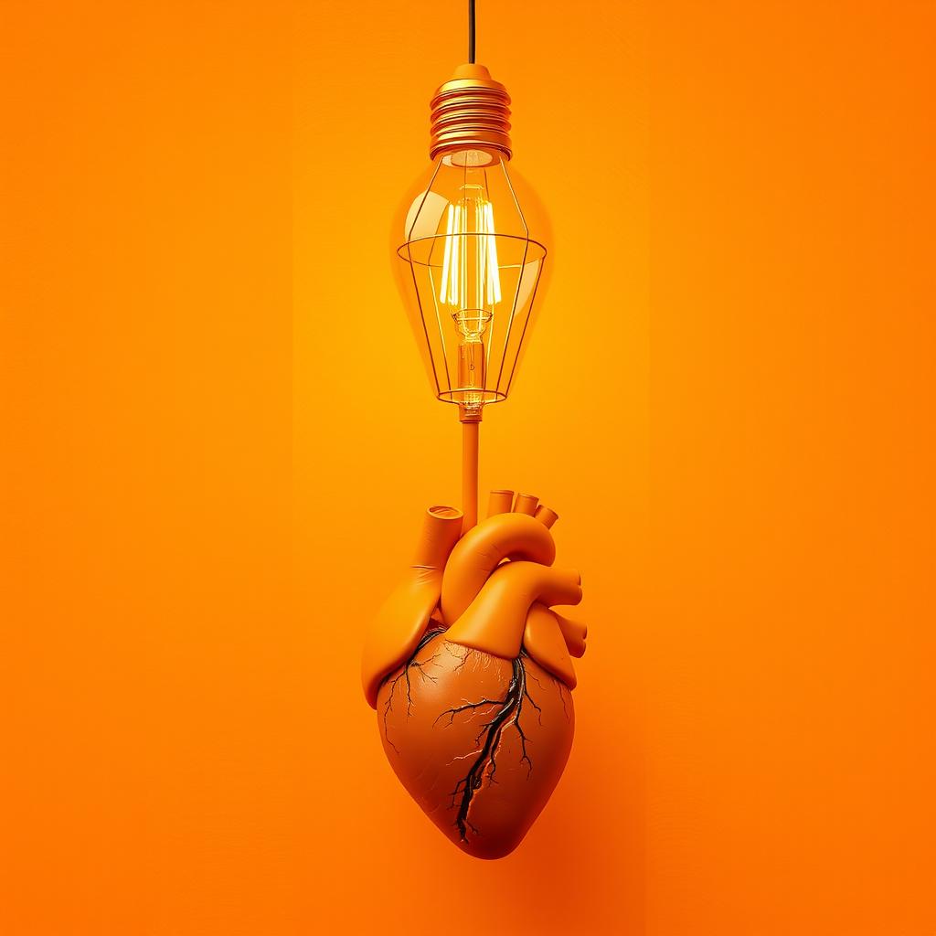 An abstract artwork in orange monochrome featuring a wireframe lamp, accurately shaped like a lightbulb, connected to a detailed model of a human brain, maintaining the original texture and structure of each element