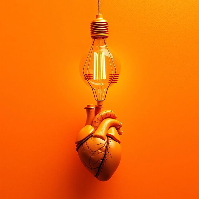 An abstract artwork in orange monochrome featuring a wireframe lamp, accurately shaped like a lightbulb, connected to a detailed model of a human brain, maintaining the original texture and structure of each element