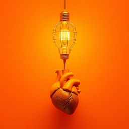 An abstract artwork in orange monochrome featuring a wireframe lamp, accurately shaped like a lightbulb, connected to a detailed model of a human brain, maintaining the original texture and structure of each element