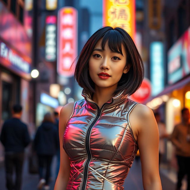 A stunning Asian girl wearing a stylish shiny puffer corset, standing confidently in an urban setting