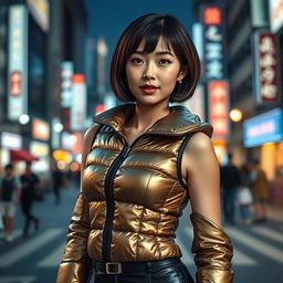 A stunning Asian girl wearing a stylish shiny puffer corset, standing confidently in an urban setting