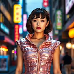 A stunning Asian girl wearing a stylish shiny puffer corset, standing confidently in an urban setting