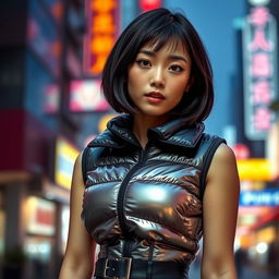 A stunning Asian girl wearing a stylish shiny puffer corset, standing confidently in an urban setting