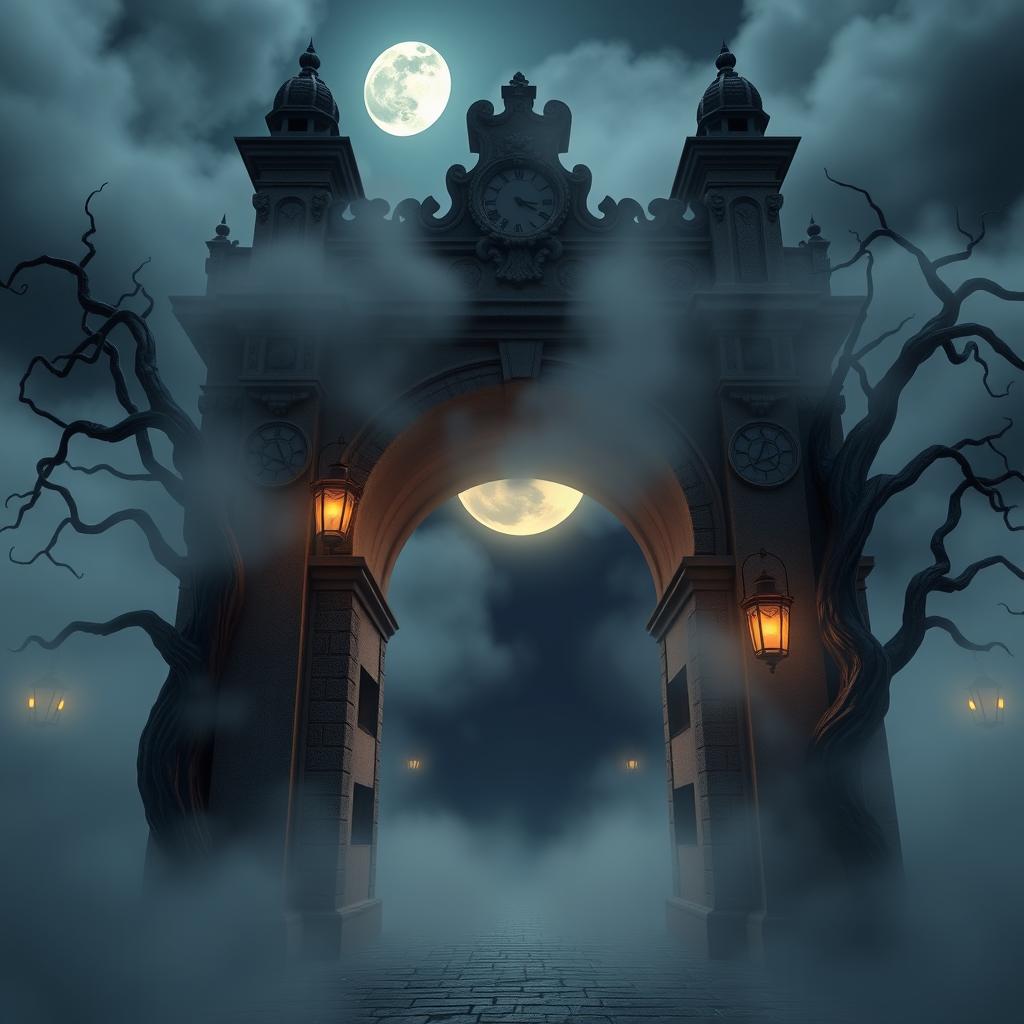 A 3D animated front-facing view of the Arco de Santa Catarina with a horror theme and Disney influences