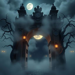 A 3D animated front-facing view of the Arco de Santa Catarina with a horror theme and Disney influences