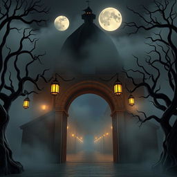 A 3D animated front-facing view of the Arco de Santa Catarina with a horror theme and Disney influences