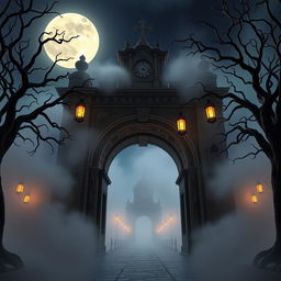 A 3D animated front-facing view of the Arco de Santa Catarina with a horror theme and Disney influences