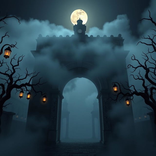 A 3D animated front-facing view of the Arco de Santa Catarina with a horror theme and Disney influences