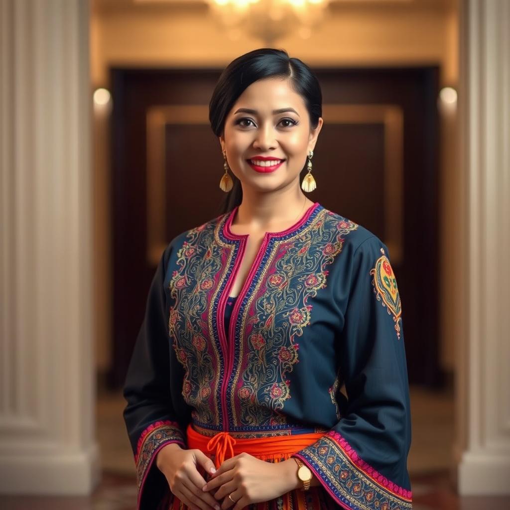 A woman in an elegant setting, wearing a stylish and culturally inspired outfit with intricate patterns and vibrant colors