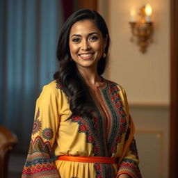 A woman in an elegant setting, wearing a stylish and culturally inspired outfit with intricate patterns and vibrant colors