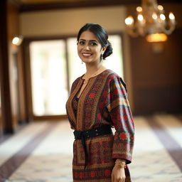 A woman in an elegant setting, wearing a stylish and culturally inspired outfit with intricate patterns and vibrant colors