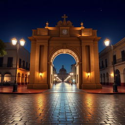 A 3D animation of the Arco de Santa Catalina at night, captured from a central angle, highlighting its architectural beauty under the soft glow of streetlights