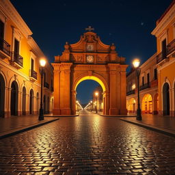 A 3D animation of the Arco de Santa Catalina at night, captured from a central angle, highlighting its architectural beauty under the soft glow of streetlights