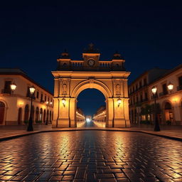 A 3D animation of the Arco de Santa Catalina at night, captured from a central angle, highlighting its architectural beauty under the soft glow of streetlights